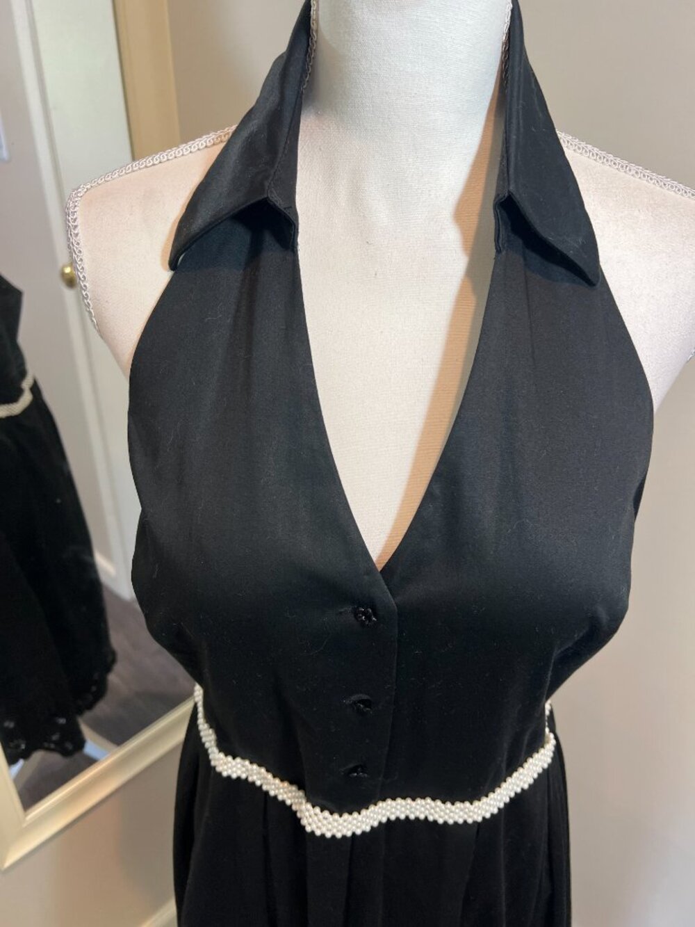 Vintage Black Halter Fit and Flare Dress with Pearl waistband, Size Large? - Picture 2 of 16